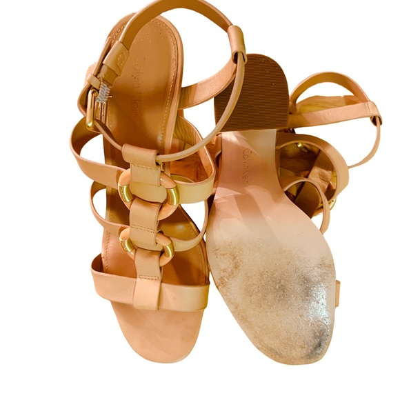 CALVIN KLEIN LEATHER LINDY CERVO BLUSH NUDE STRAP BLOCK HEEL SANDAL SIZE 9M - Picture 5 of 5
